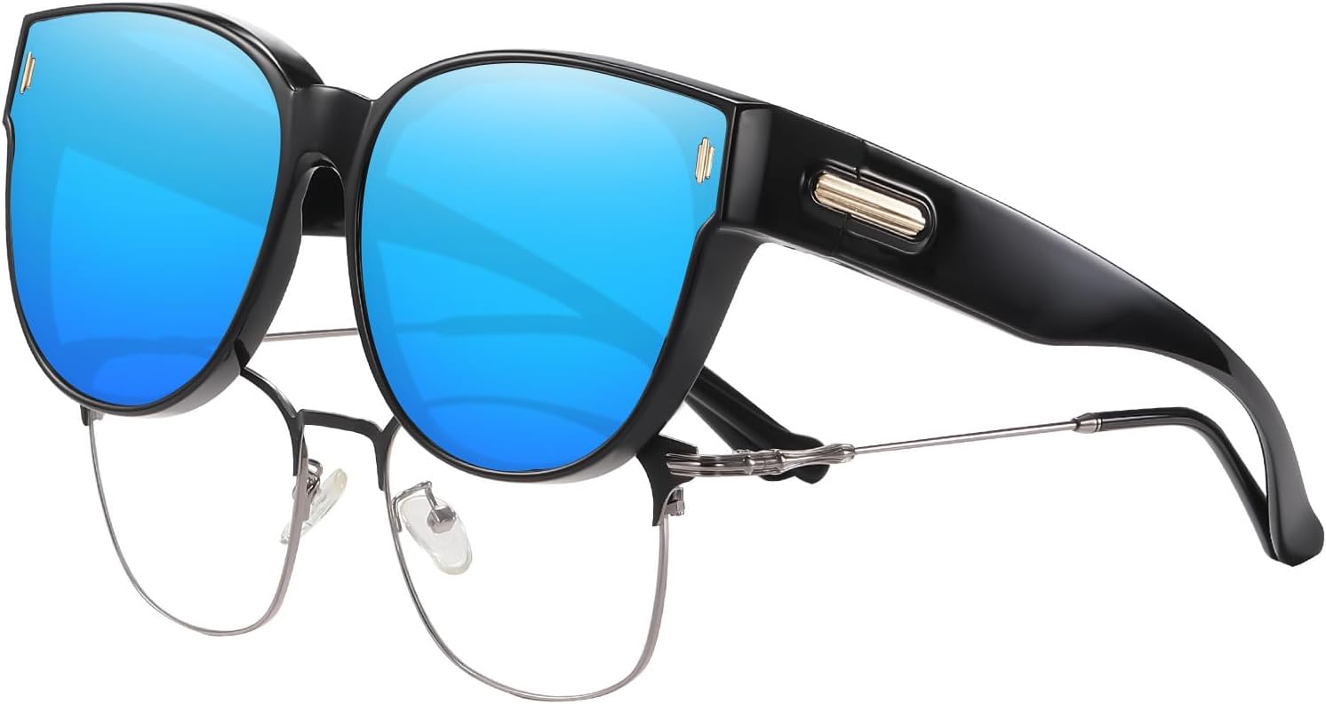 

Солнцезащитные очки HAOLOTA Fit Over Glasses для женщин, большие поляризованные очки для вождения, модные очки «кошачий глаз» с защитой от УФ-излучения UV400, A03 Black Frame Blue Lens