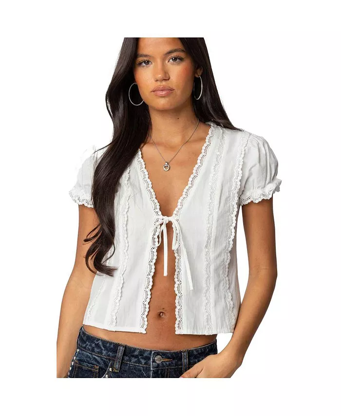 

Женский хлопковый топ с кружевом и завязками спереди Edikted, синий