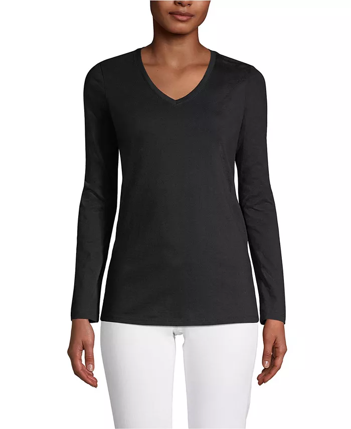 

Женская футболка с длинным рукавом и V-образным вырезом из хлопка Supima Lands' End, черный