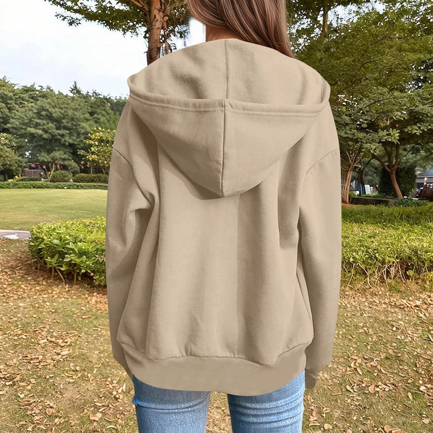 Женская толстовка оверсайз с капюшоном на молнии, Generic, Beige 2 — фото 4