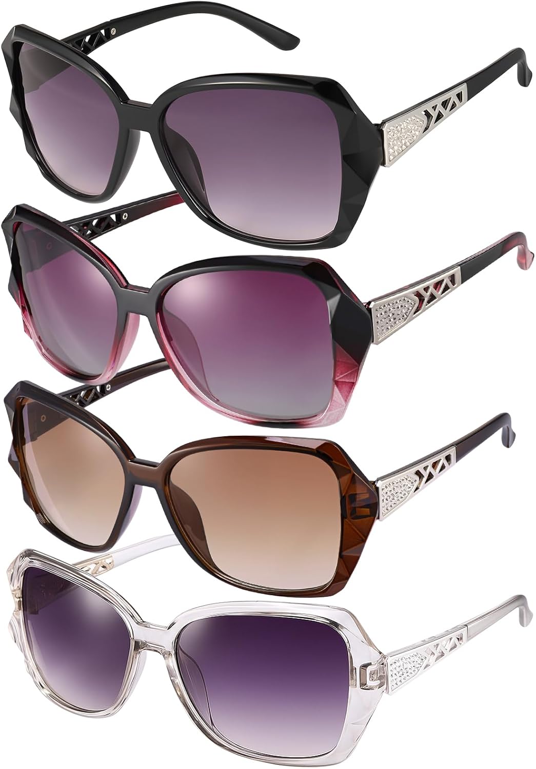 

3/4 шт. Женские большие солнцезащитные очки с защитой от УФ-излучения UV 400. Классические модные женские солнцезащитные очки большого размера с блестящей оправой HEQU, Black/Purple/Brown/Clear