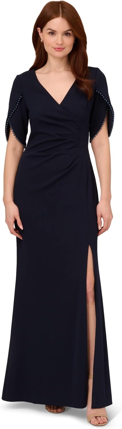 

Платье Adrianna Papell Tulip Sleeve Stretch Crepe Column Gown with Pearl Trim Detail, цвет Midnight