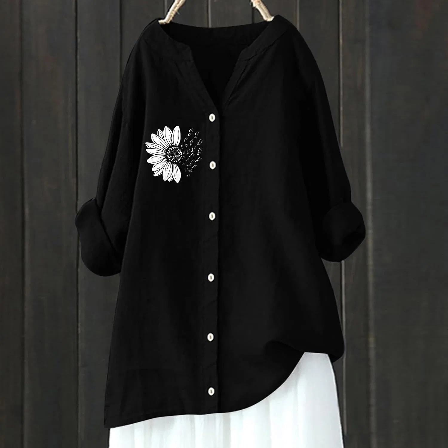 Блуза с цветочным принтом, Women Cotton Linen Top Long Sleeve Printed Shirt, черный — фото 3