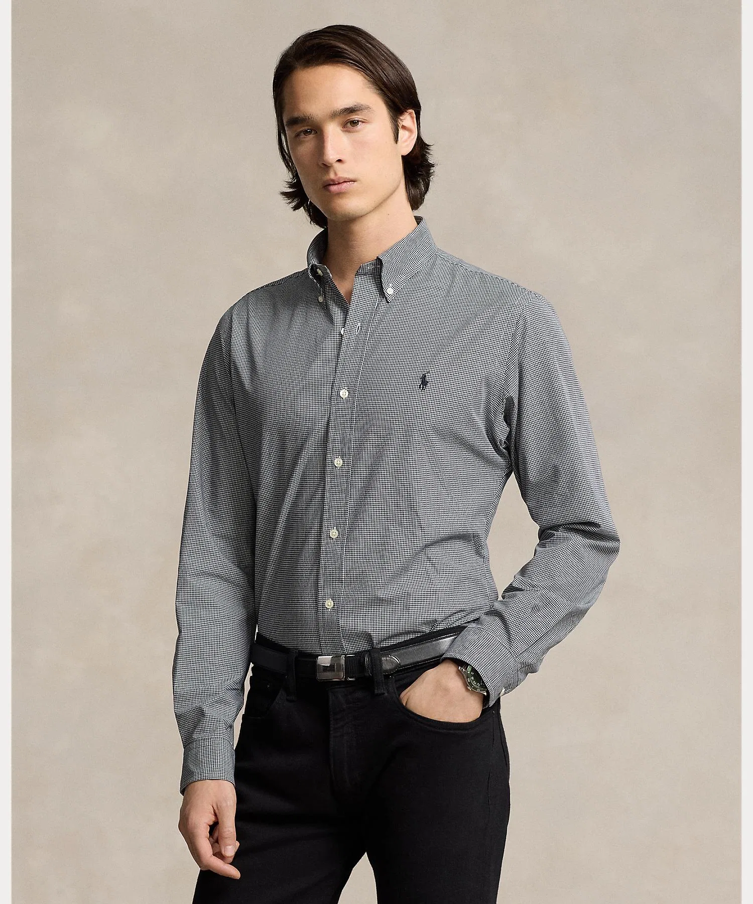 Мужская рубашка POLO RALPH LAUREN классического кроя в клетку стрейч чёрная