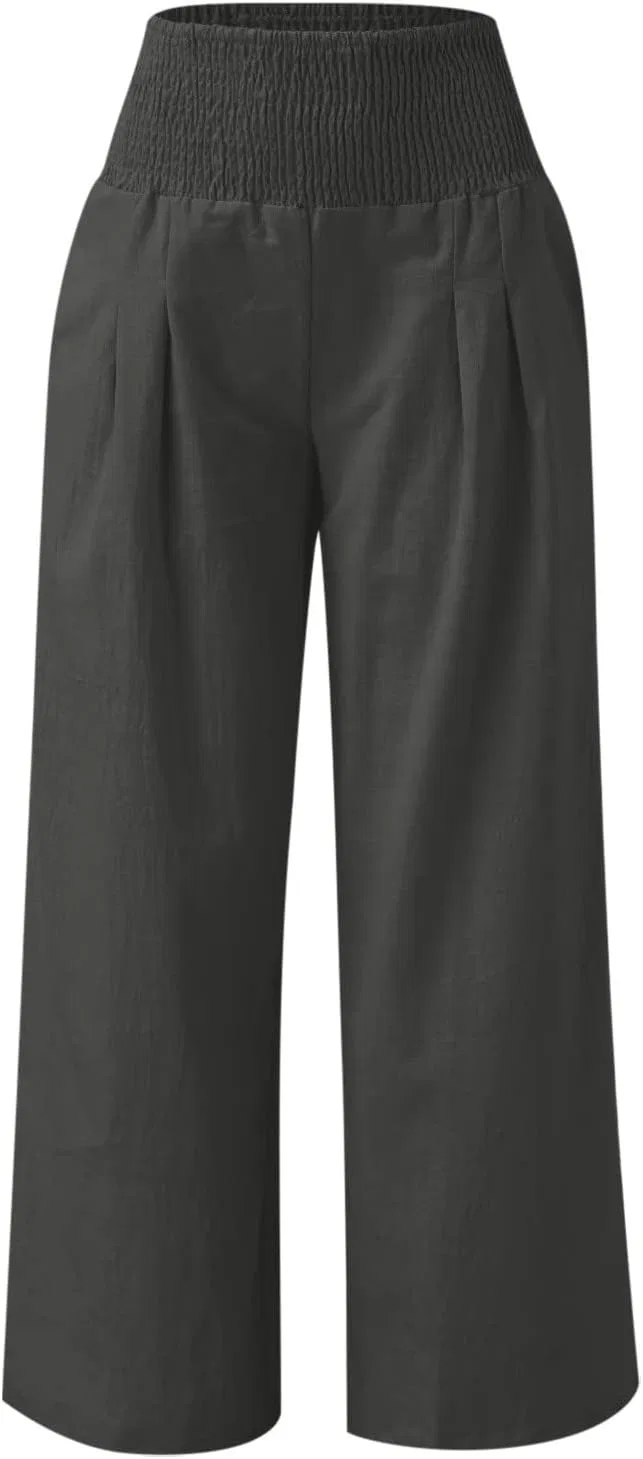 Женские брюки палаццо с высокой талией, Cotton Linen, свободные, с карманами, A03_dark Gray — фото 3