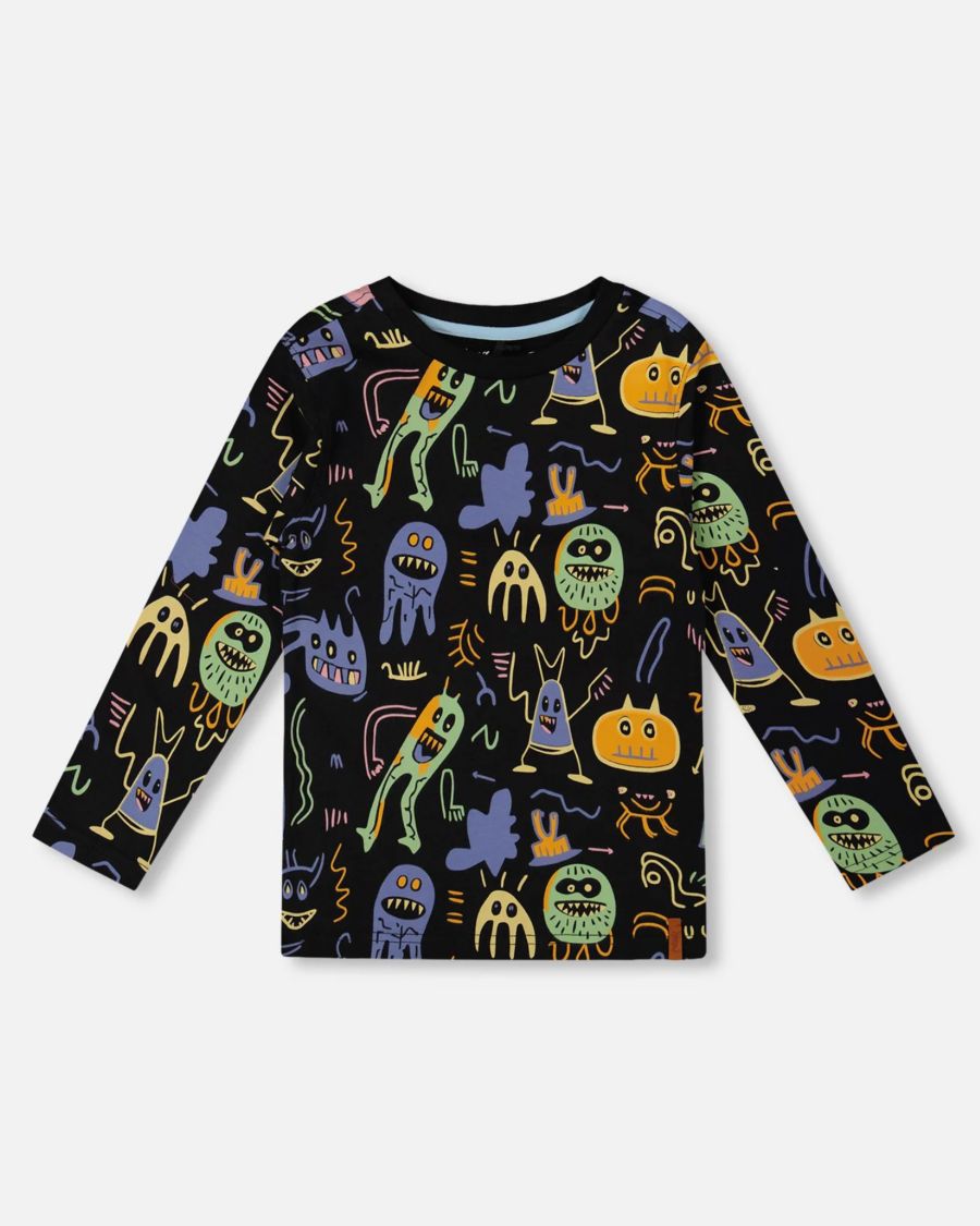 

Хлопковая футболка с длинным рукавом для мальчиков, с принтом "Монстры" по всей поверхности Deux par Deux, Black