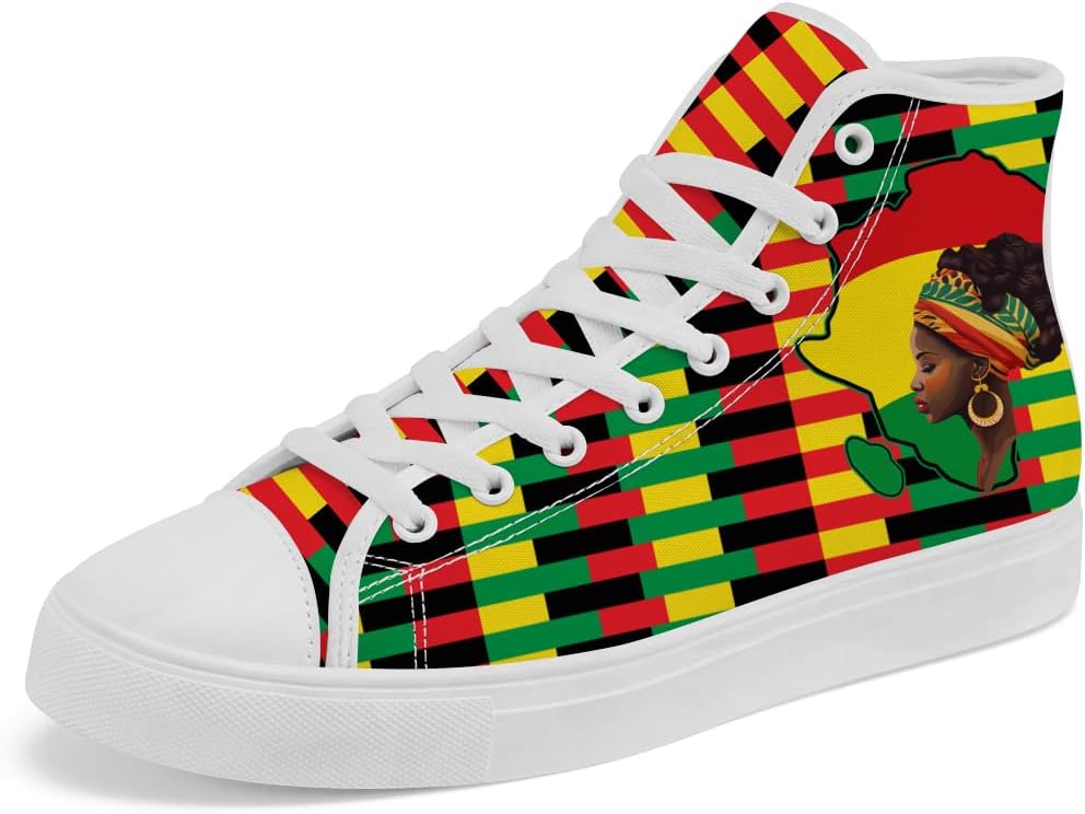 

Женские и мужские африканские высокие кеды Chebing, кеды на шнуровке для празднования Juneteenth, повседневная обувь, подарки для мужчин и женщин, красный/зеленый/желтый