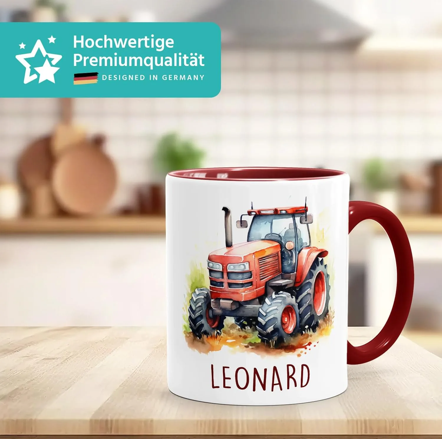 Детская именная кружка Tractor Fire Engine Racing Car Dragon, керамическая, белая внутри, бордово-красная, стандартная SpecialMe — фото 3