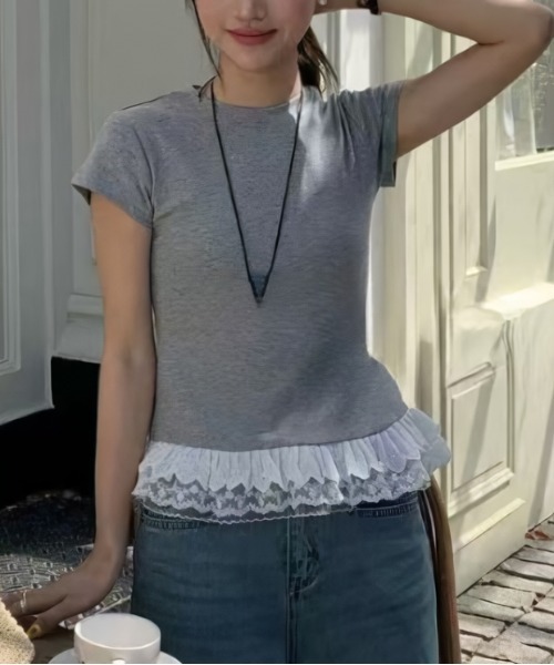 

Футболка с кружевной каймой AMELY, серый