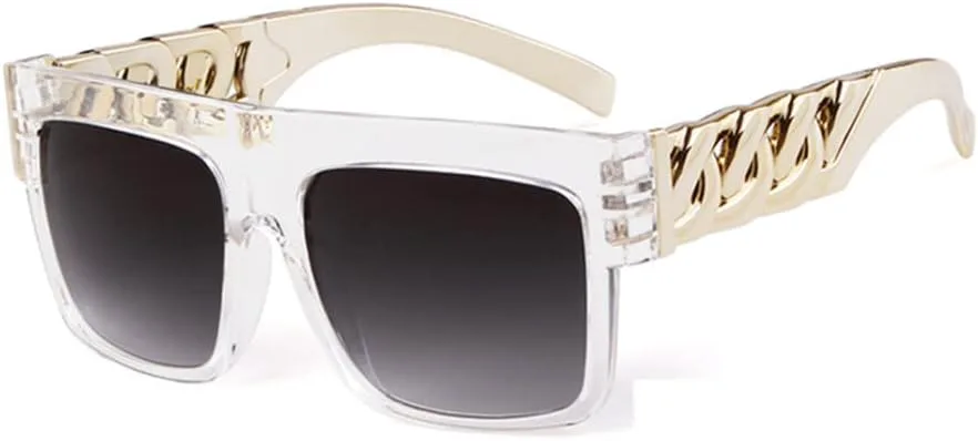 

Большие солнцезащитные очки в стиле хип-хоп для мужчин и женщин, с плоской верхней частью, ретро, ​​черные, с золотой пластиковой цепочкой в ​​оправе XLUMIO, C10