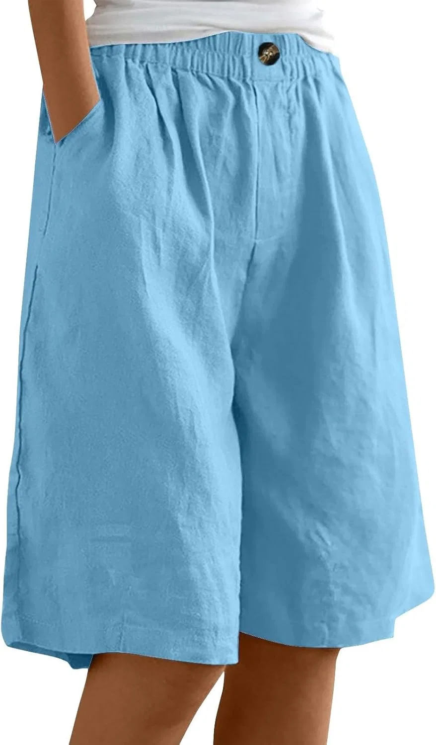 Бермуды женские с высокой талией, Cotton Linen, Sky Blue