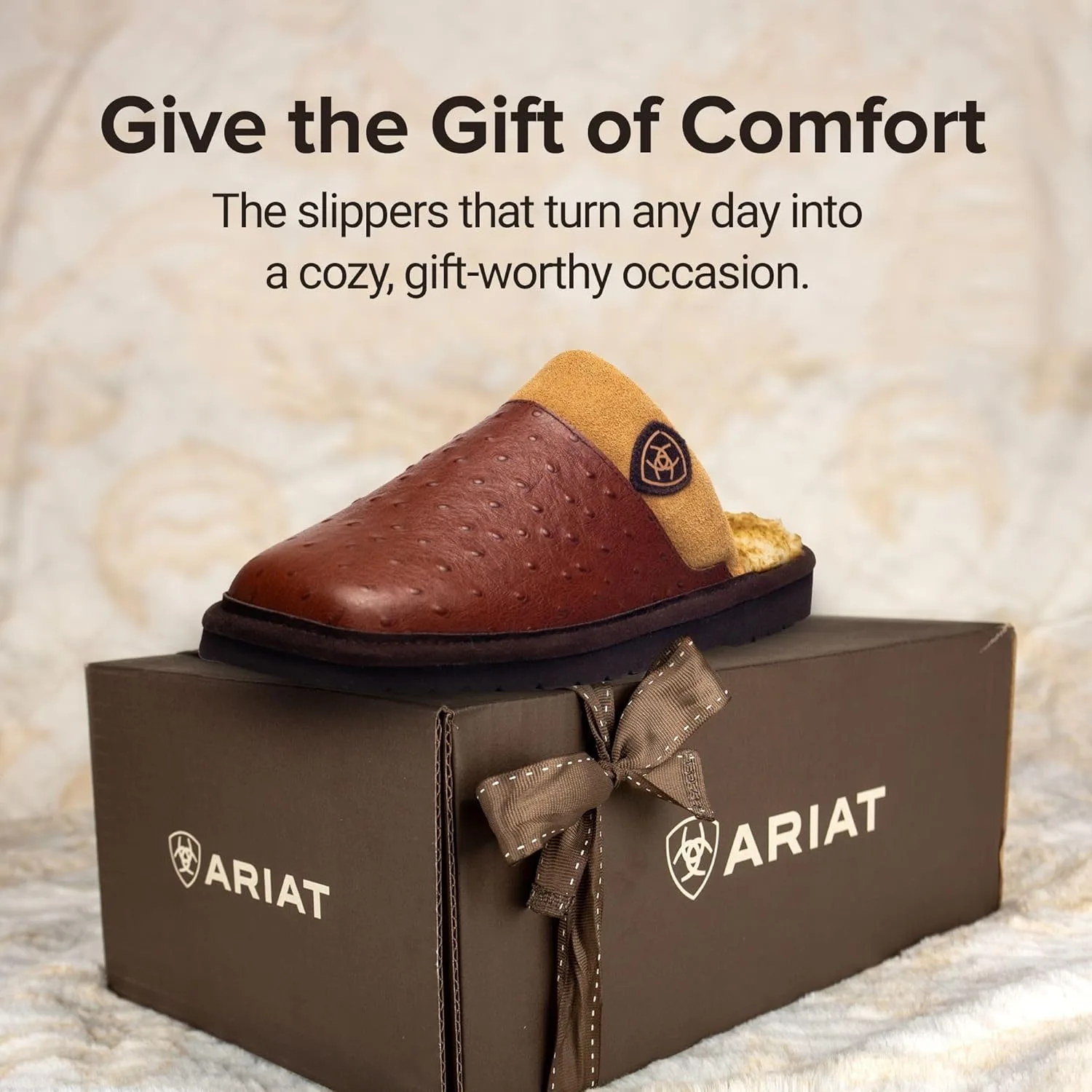 Мужские теплые и удобные домашние/уличные тапочки ARIAT Silversmith из экзотической кожи. Кожаный верх, коньячный — фото 4