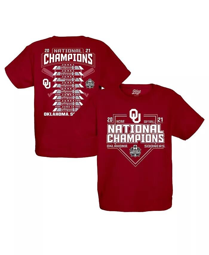 

Футболка для мальчиков, юношей, Crimson Oklahoma Sooners 2021 NCAA Softball Women's College World Series Champions Schedule Blue 84