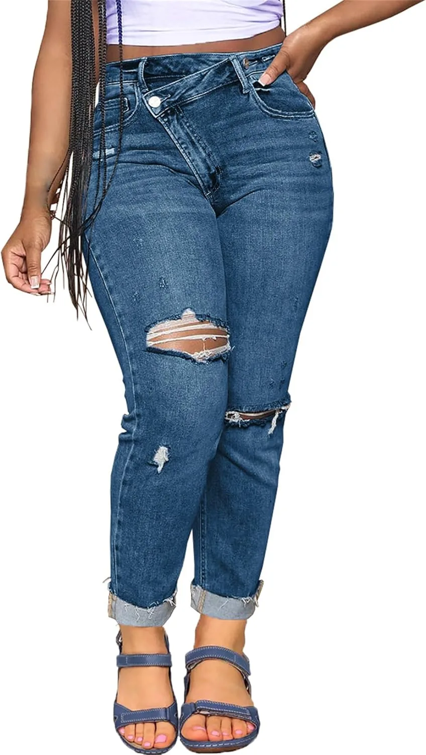 

Женские джинсы High Waisted с потертостями и диагональной молнией ZH8FCHAN