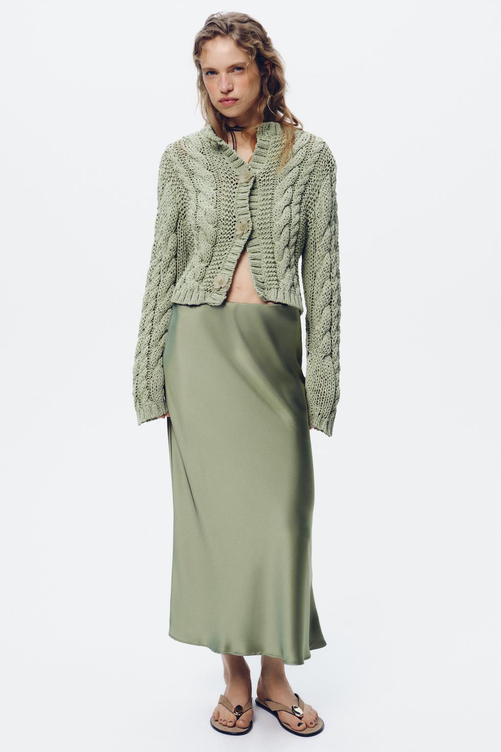 

Атласная юбка миди ZARA, цвет Mid-green