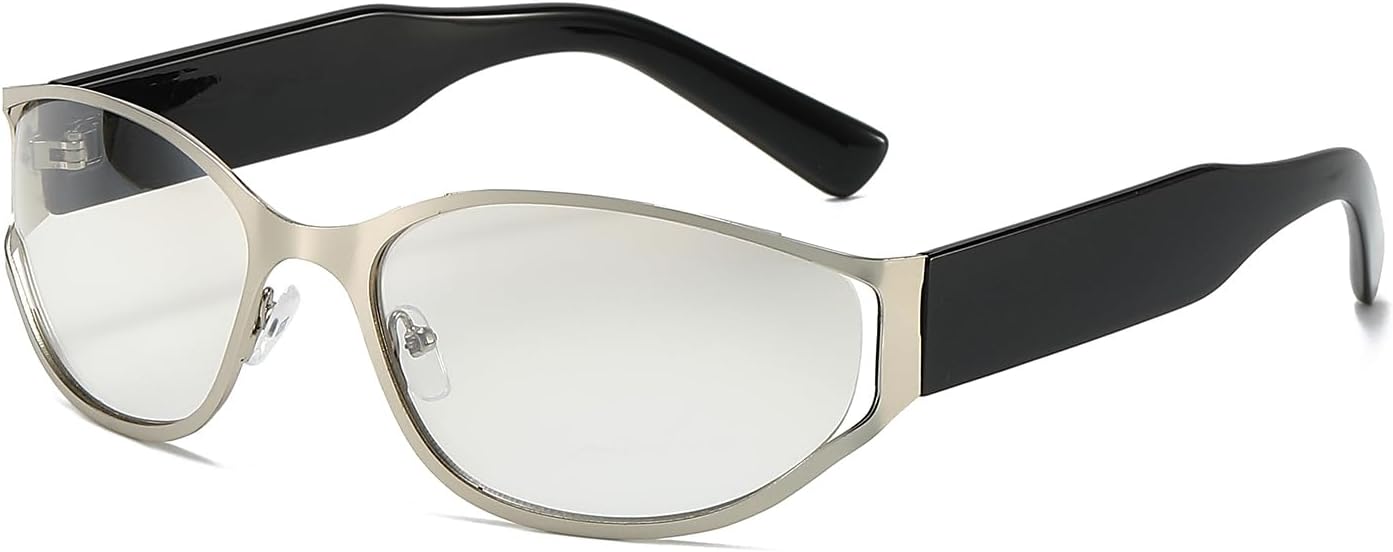 

Модные солнцезащитные очки 2000-х годов для мужчин и женщин, стильные солнцезащитные очки в стиле Y2K, обтекаемые, с футуристическими овальными линзами Azoxus, Y2k Silver Lens Metal Frame