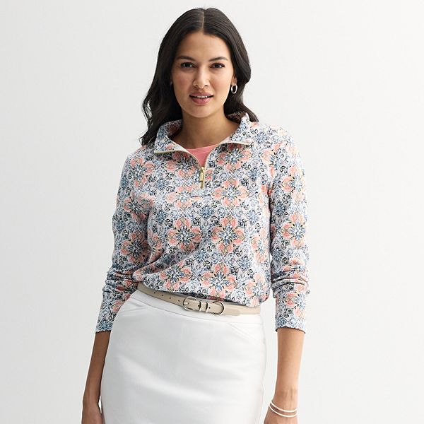 

Женский пуловер с воротником-стойкой и молнией на четверть Croft & Barrow, White Mirror Floral