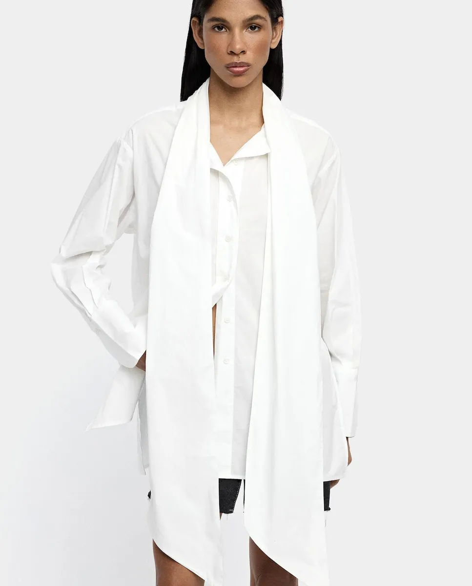 

Женская рубашка 100% хлопок с шарфом на воротнике и длинными рукавами Parfois, белый