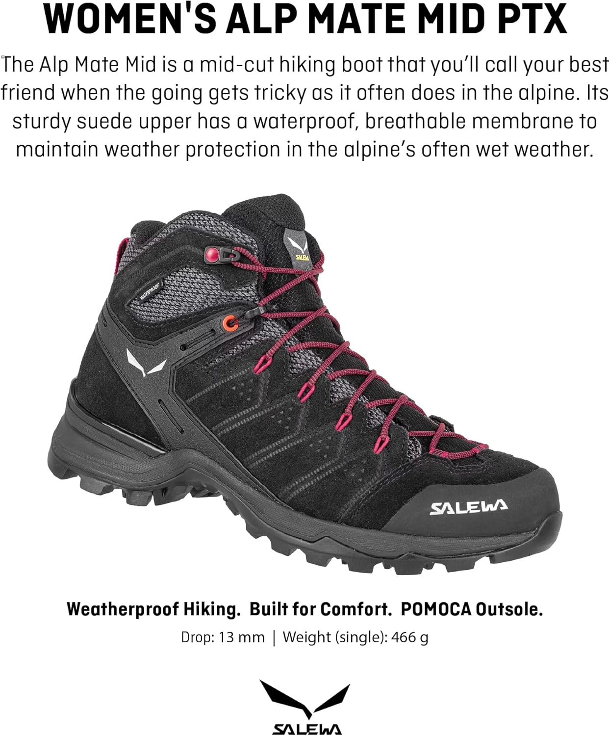 Мужские водонепроницаемые треккинговые и походные ботинки Salewa Alp Mate Mid, черный/розовый — фото 4