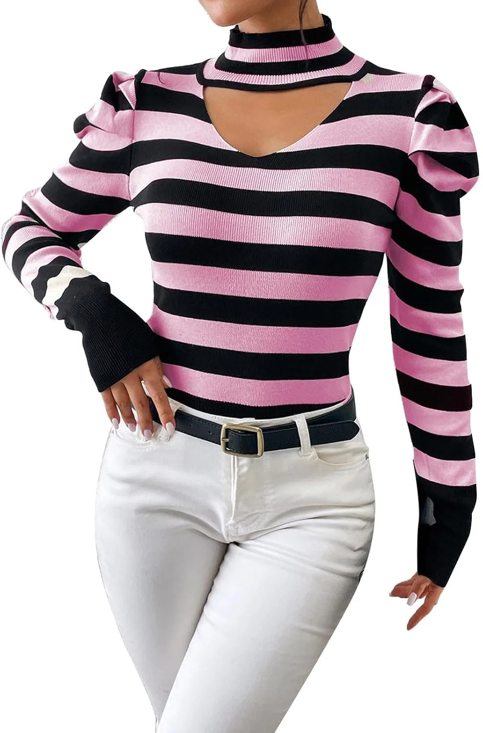 Блуза поло женская Striped Bubble Sleeve Top, розовый