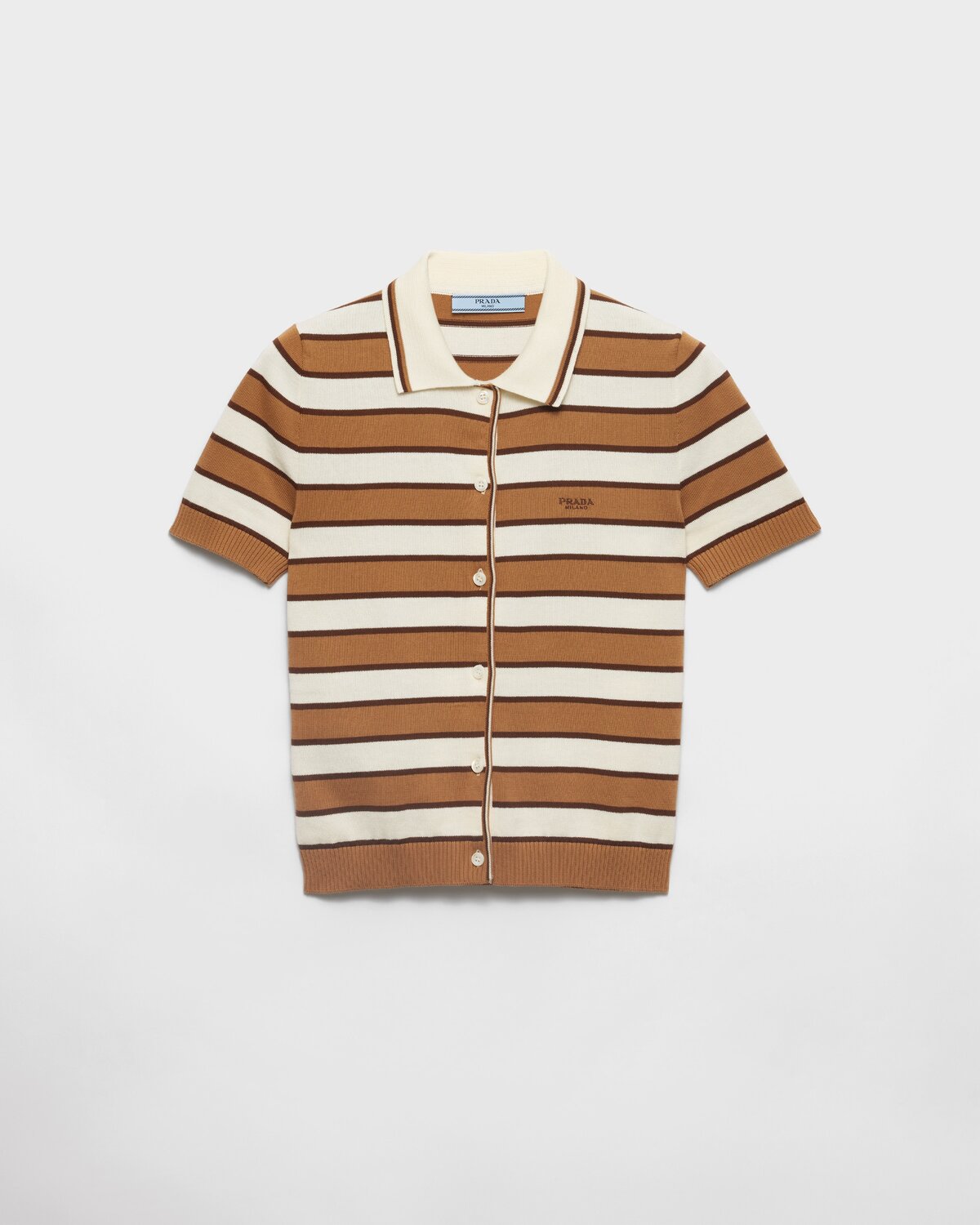 

Хлопковый кардиган в полоску с короткими рукавами Prada, кэмел/натуральный