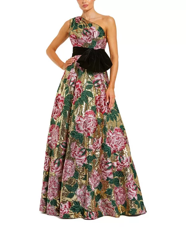 

Бальное платье на одно плечо, расшитое пайетками и украшенное бархатным бантом. Mac Duggal, золотой