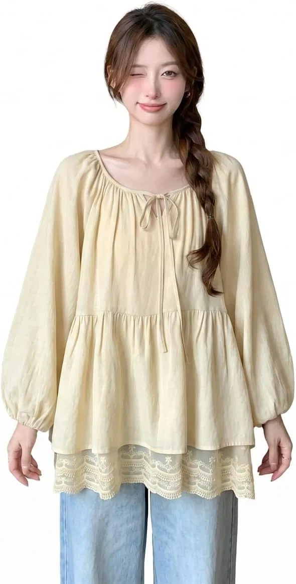 Блуза с кружевом, женская Tunic Blouse, желтый