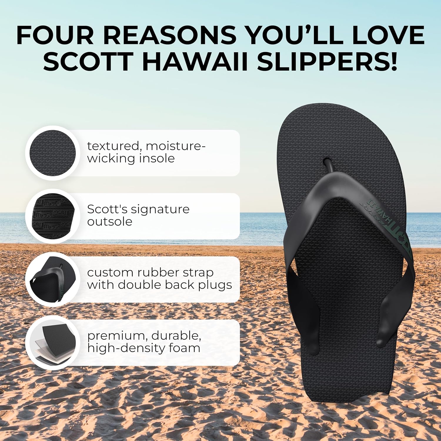 Scott Hawaii Мужская явайская резиновая раста-тапочка с двойным ремнем, Пляжная обувь, Сандалии с лодкой без скольжения, Шире стелька и без сводных шлепанцев, черный — фото 2