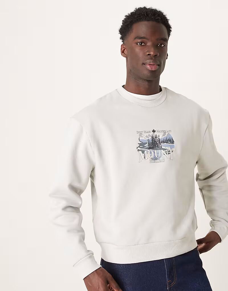 

Толстовка свободного кроя с принтом «горы» светло-серого цвета Asos Design