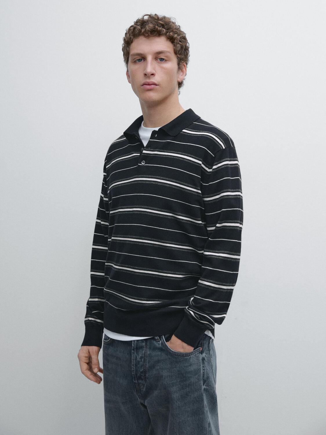 Вязаный свитер-поло в полоску из хлопковой смеси Massimo Dutti, navy blue — фото 3