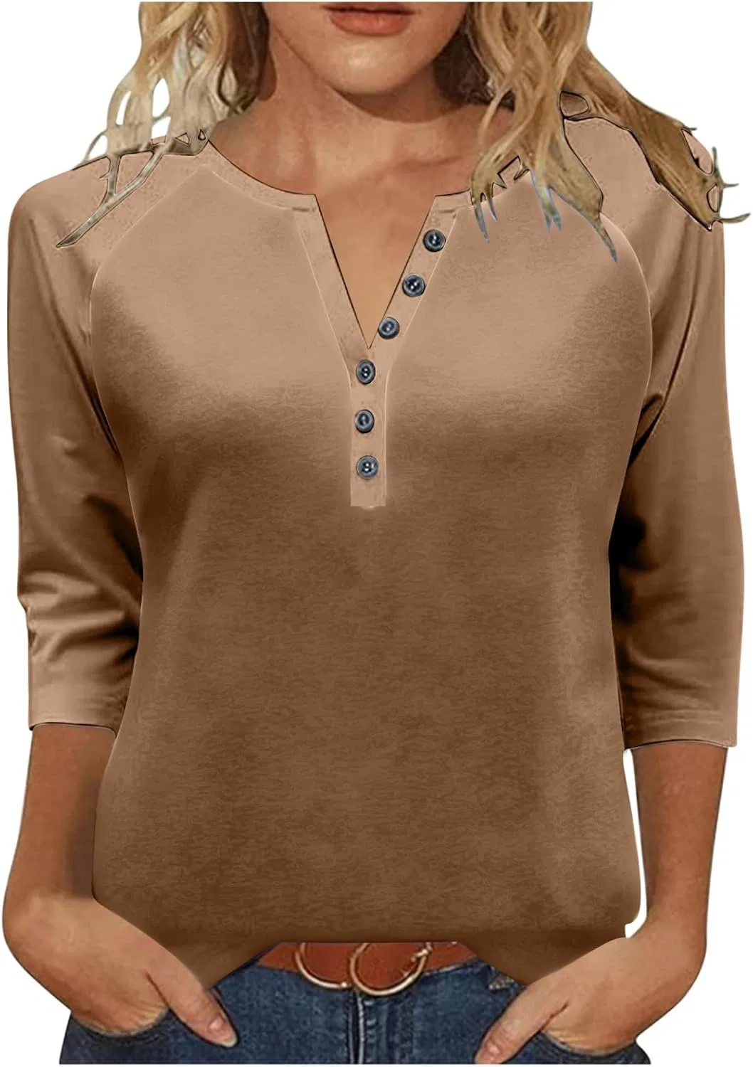 Женская блуза с рукавом 3/4, цвет-блок, Solid 2#khaki