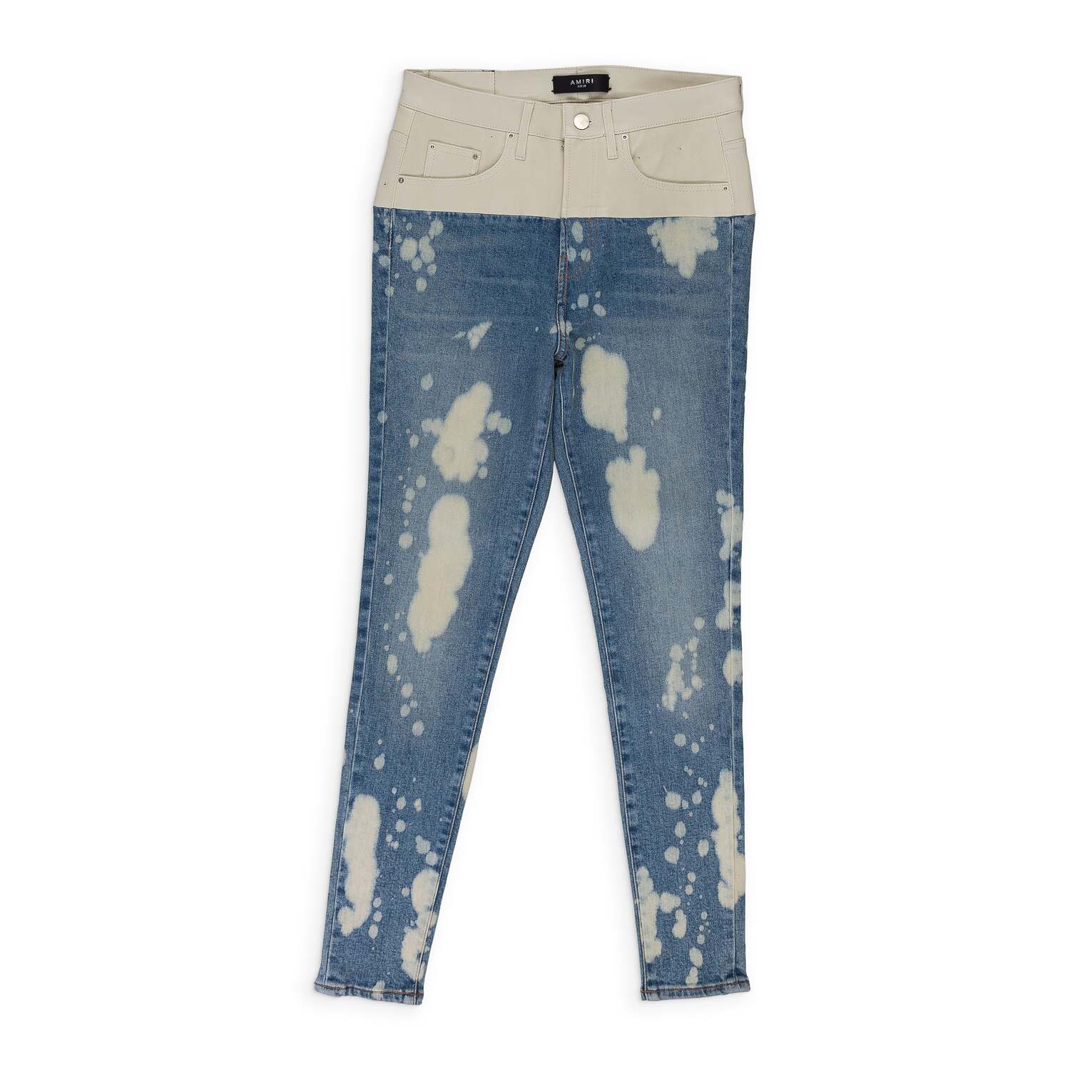 

Контрастные скинни-джинсы с кожаными вставками Bleach Indigo White Amiri