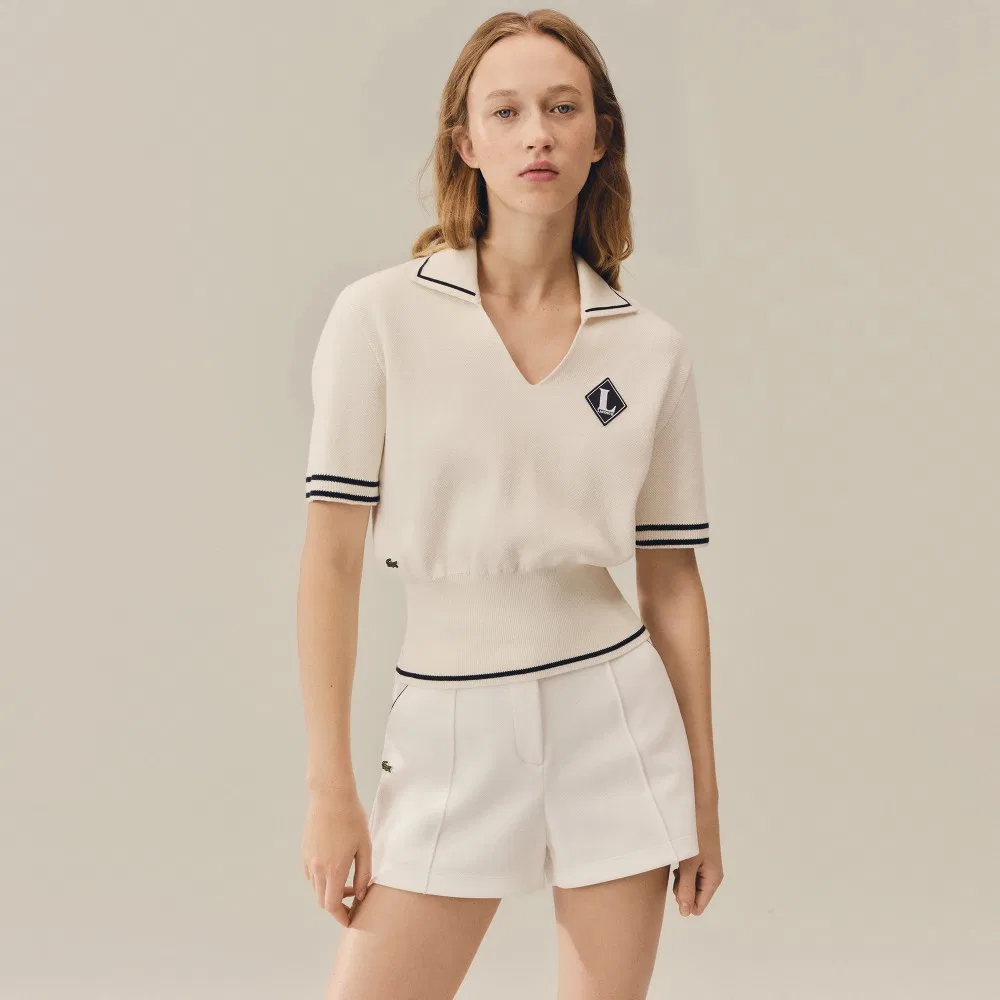 Женский свитер Lacoste MIF с открытым воротником и коротким рукавом, цвета "офф-вайт"