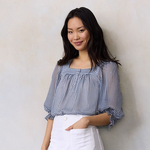 

Блузка с квадратным вырезом и рукавом 3/4 Lc Lauren Conrad, Navy Lively Gingham
