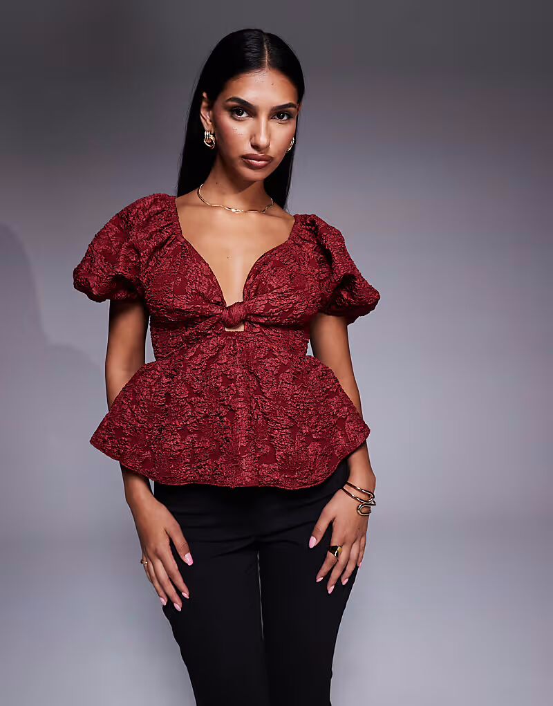 

Жаккардовый топ с рукавами-буфами бордового цвета New Look