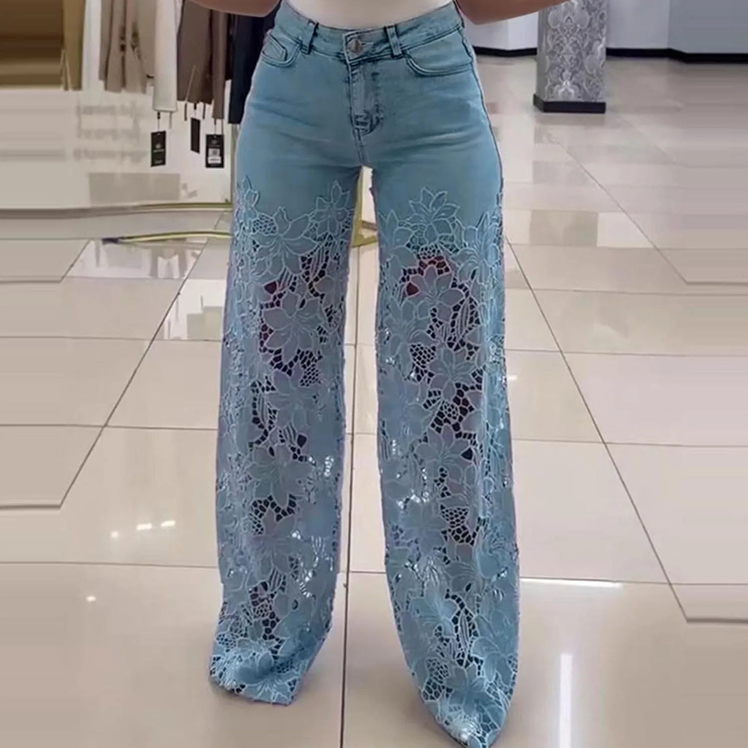 Джинсы свободные с кружевом Light Blue — фото 2