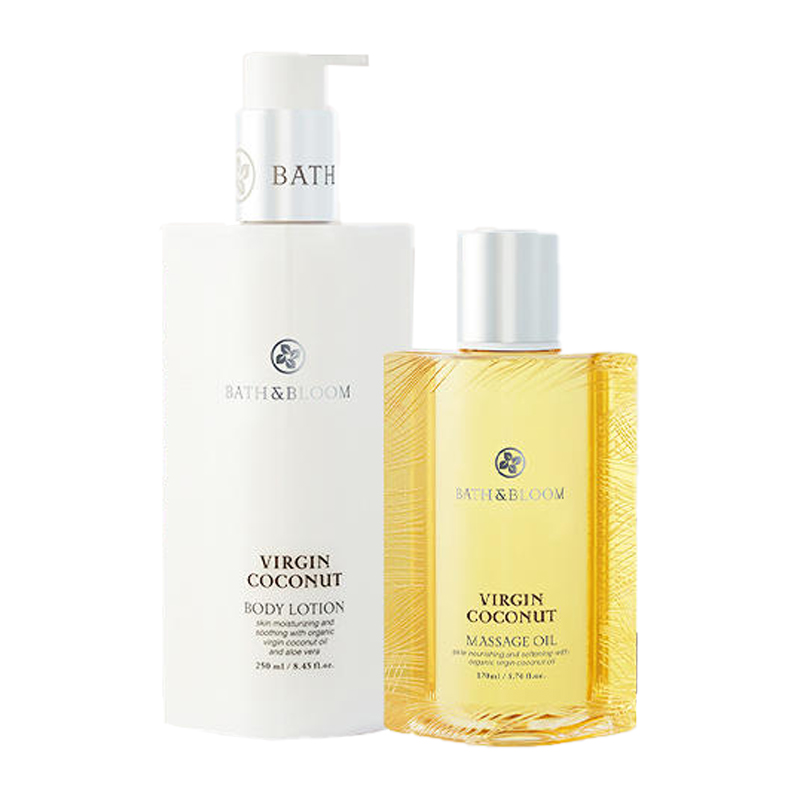 

Кокосовое массажное масло и лосьон для тела, успокаивающие кожу и уменьшающие отечность, набор 250 мл + 170 мл BATH&BLOOM, coconut body lotion 250ml + coconut massage oil 170ml