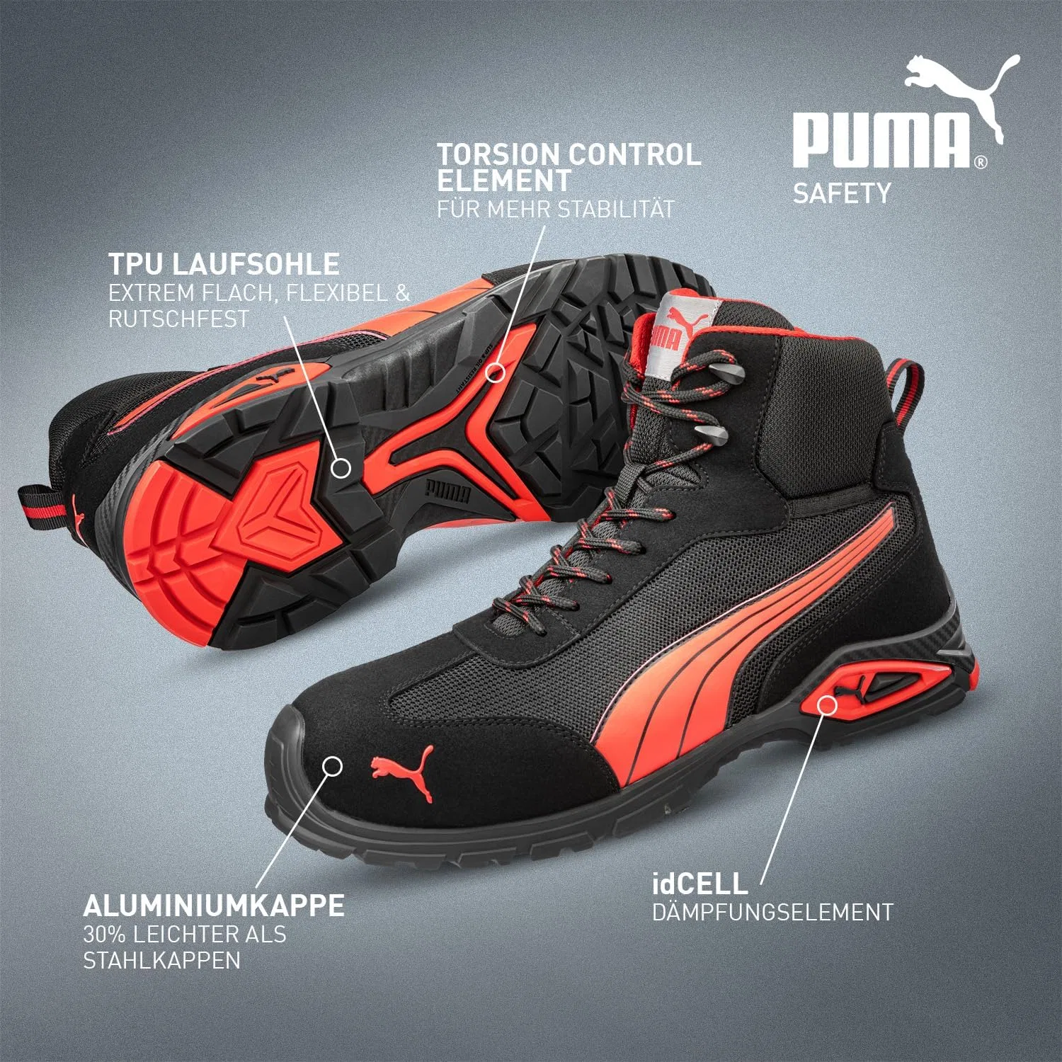 Мужские защитные ботинки PUMA Madrid MID S1PL с защитным носком и противоскользящим покрытием, Black Red — фото 3