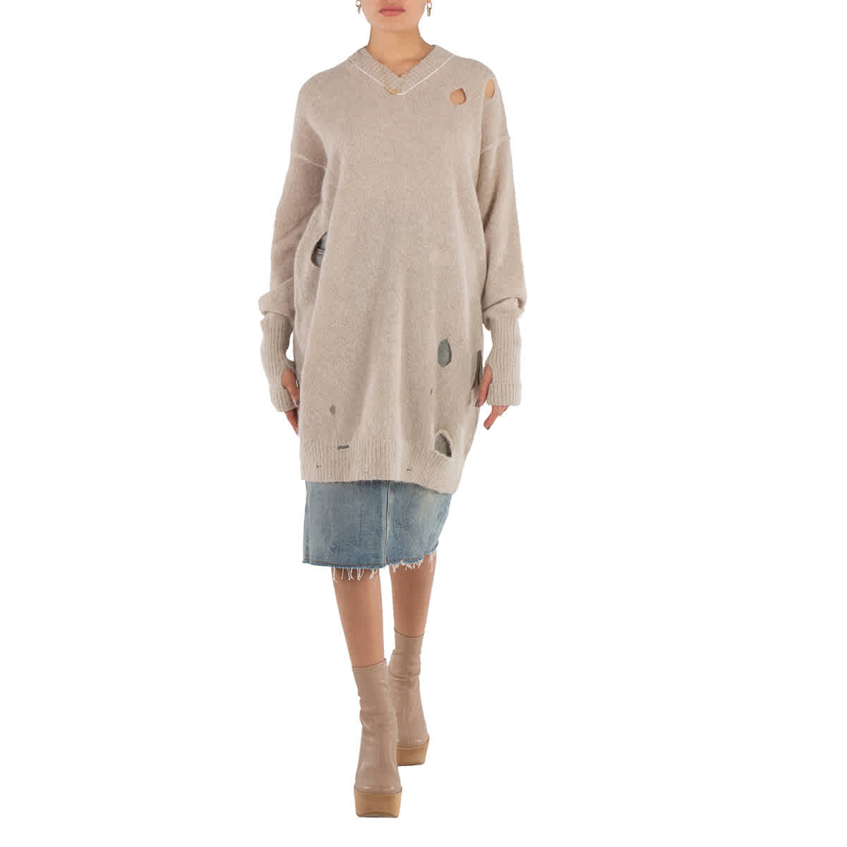 

MM6 Женский бежевый свитер с эффектом потертости