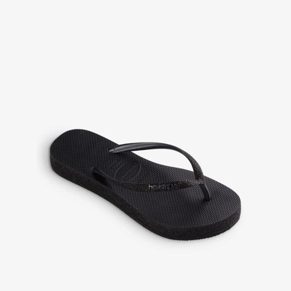 Тонкие резиновые шлепанцы на плоской подошве с блестящими ремешками Havaianas, черный — фото 3