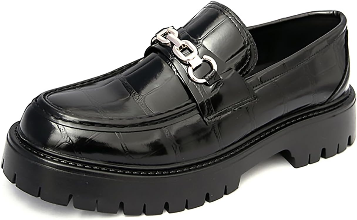 

Мужские лоферы на платформе с цепочкой и клетчатым узором, удобные, с противоскользящей подошвой, деловые формальные кожаные туфли из лакированной кожи, с широким мысом, для работы и повседневного ношения Bwseobg, черный