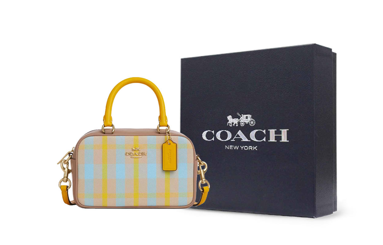 

COACH Жаккардовая сумка-сатчел с гладкой кожаной отделкой, кросс-боди, маленькая, женская, ярко-желтая