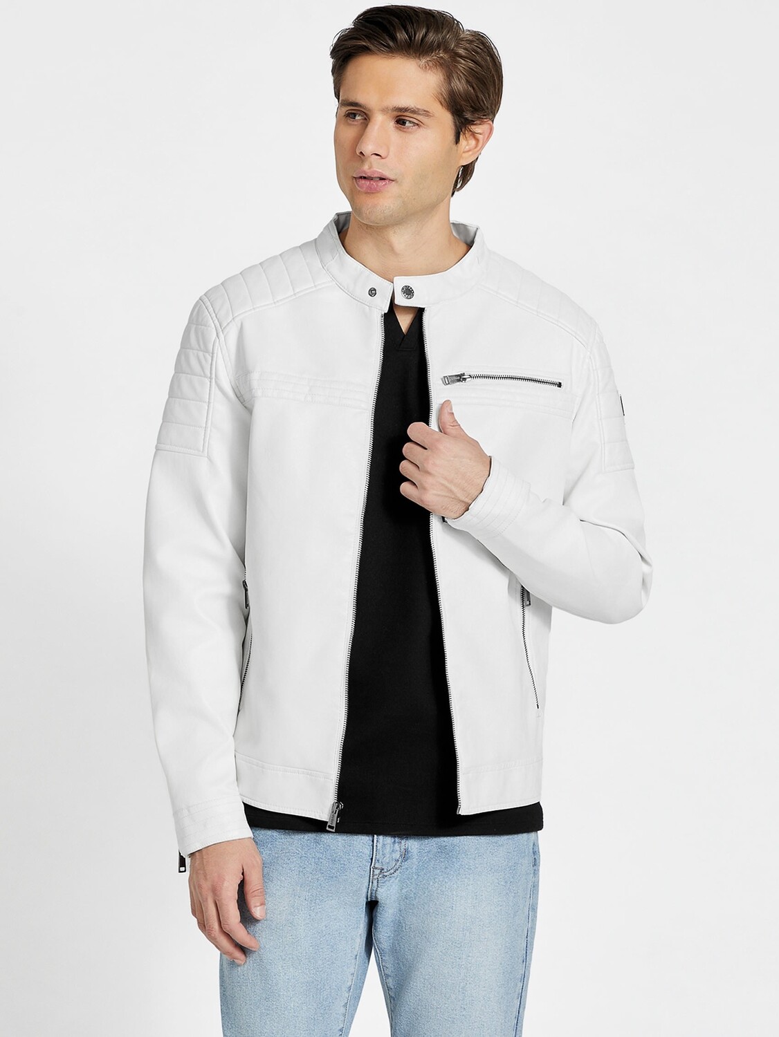 

Мотоциклетная куртка из искусственной кожи с потертой рекой Guess Factory, цвет Pure White