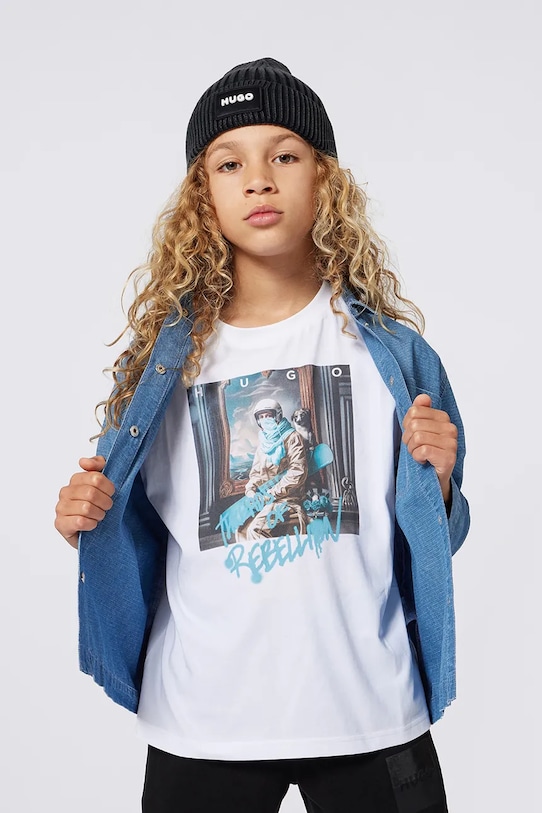 

Детская хлопковая футболка Hugo, белый