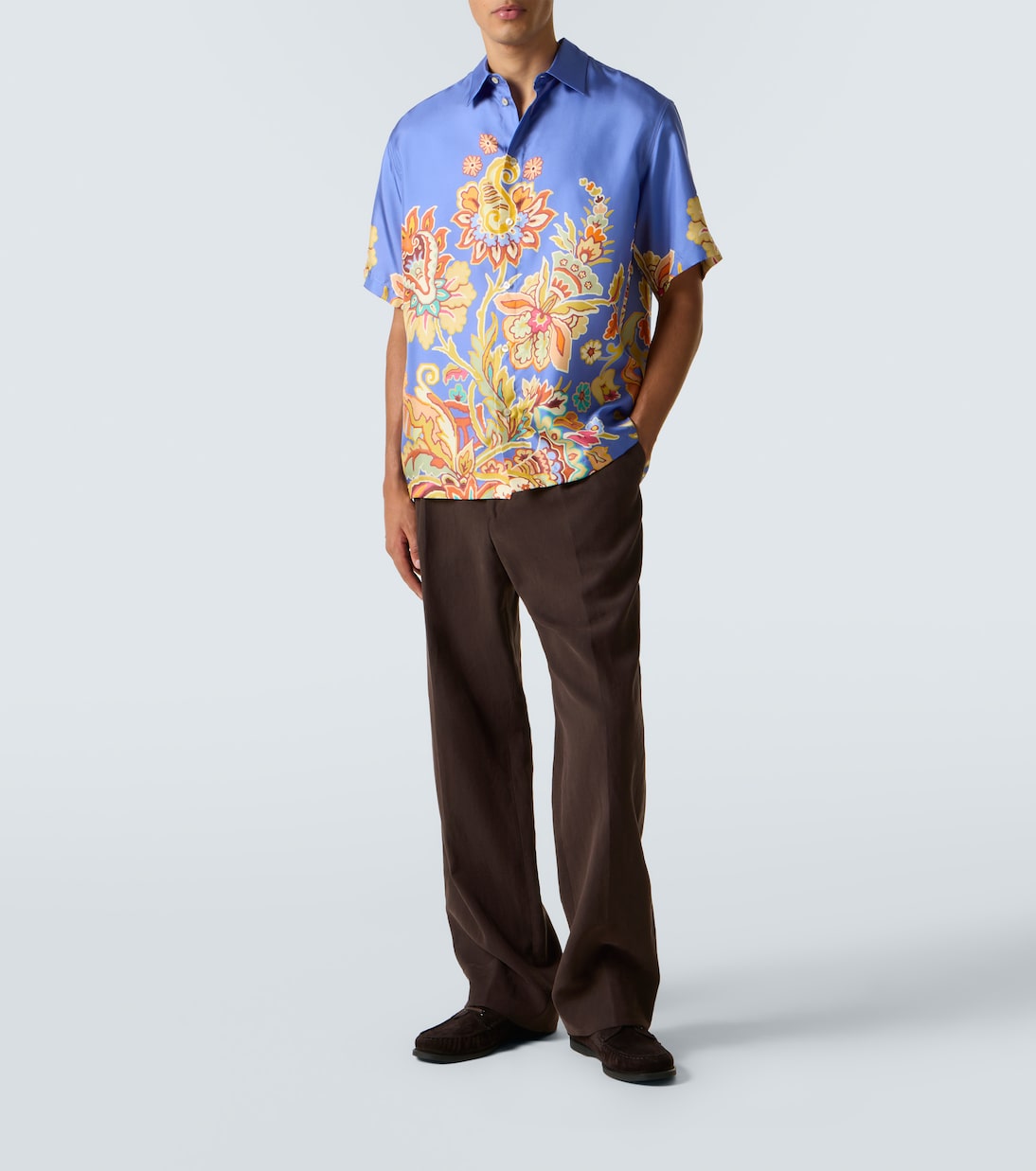 Шелковая рубашка для боулинга с цветочным принтом Etro, Print On Pale Blue Base — фото 2