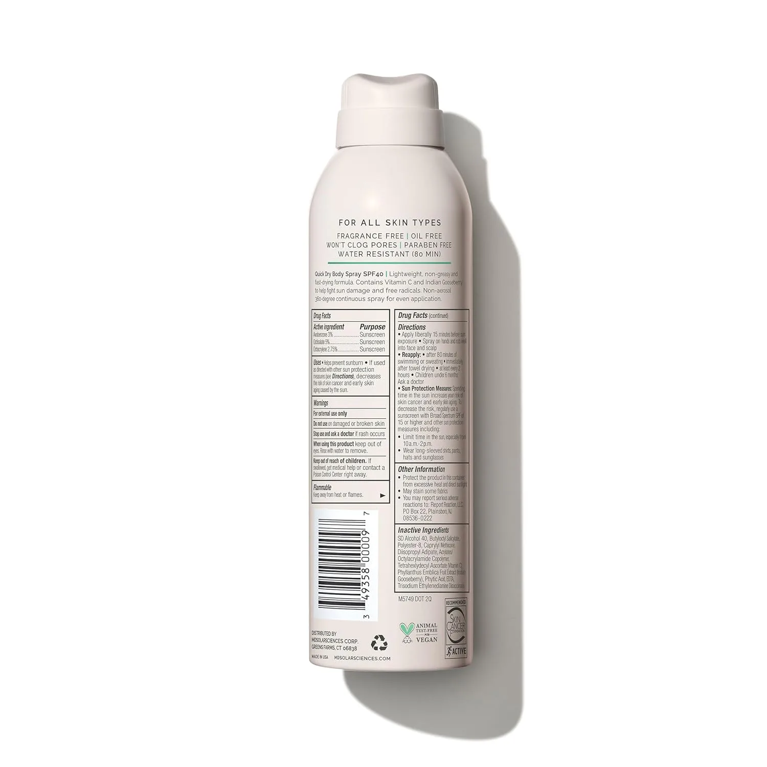 MDSolarSciences Quick Dry Body Spray SPF 40, водостойкий спрей для тела с широким спектром защиты, обогащенный амлой, витамином C и антиоксидантами, неаэрозольный, для чувствительной кожи, 177 мл, Sheer — фото 2
