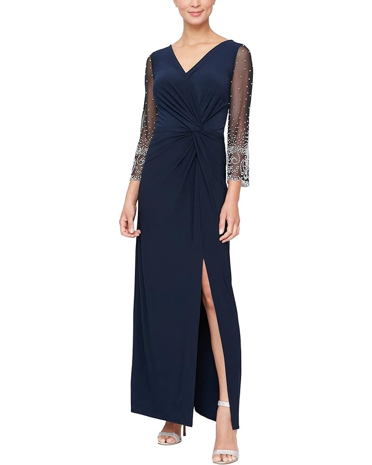 

Платье Alex Evenings Long Surplice Neckline w/ Embellished Illusion Sleeves, Knot Front, цвет Dark Navy