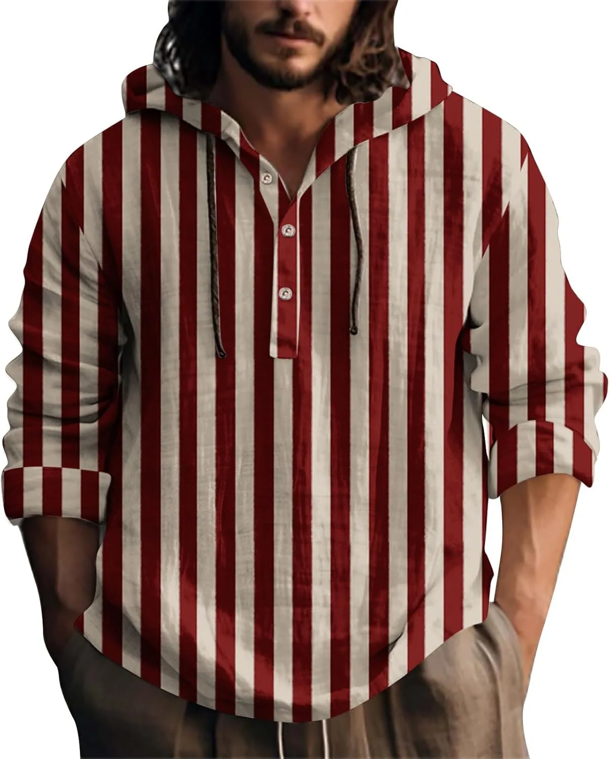 

Мужская длинная полосатая рубашка из льна с V-образным вырезом PETCDIM