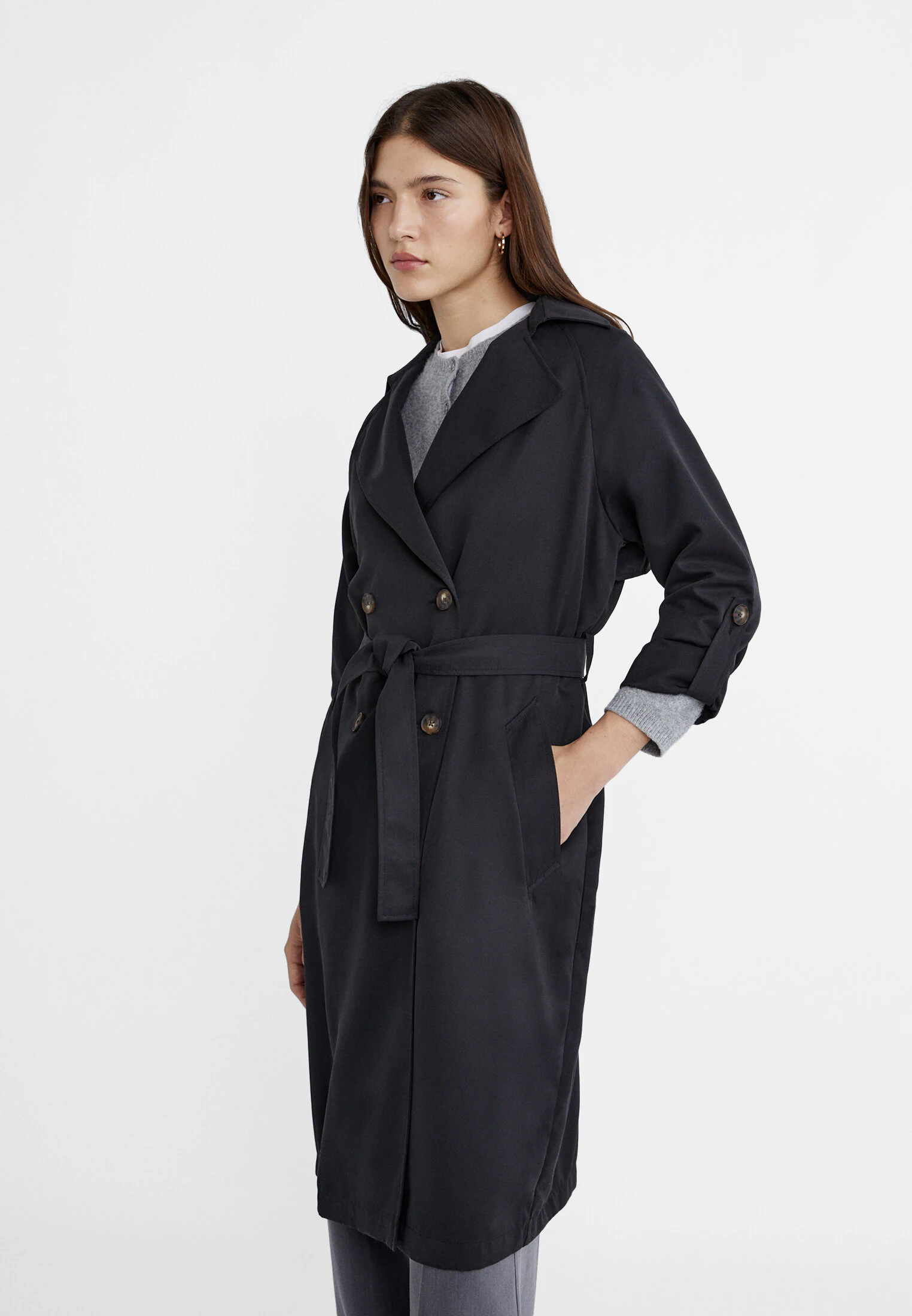 

Длинный струящийся тренч Stradivarius, черный