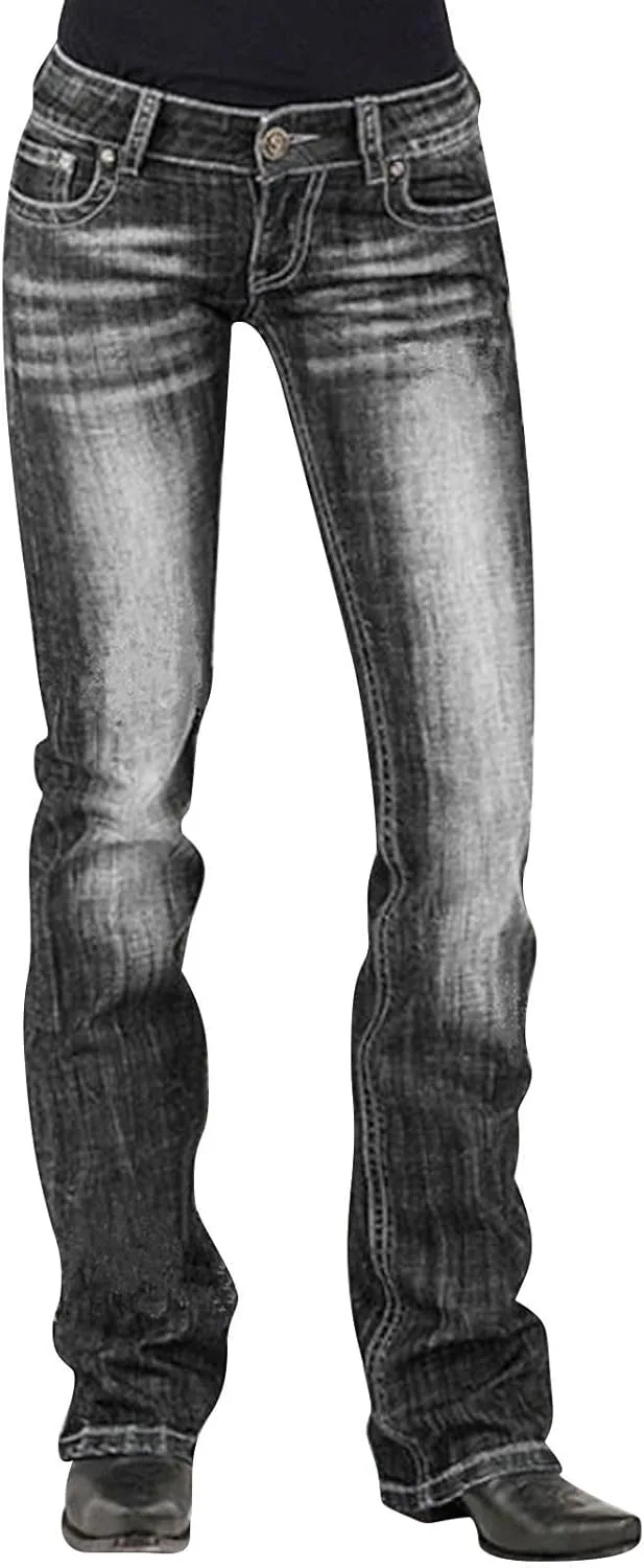 Женские джинсы Mid Waisted с вышивкой Stretch Button Straight
